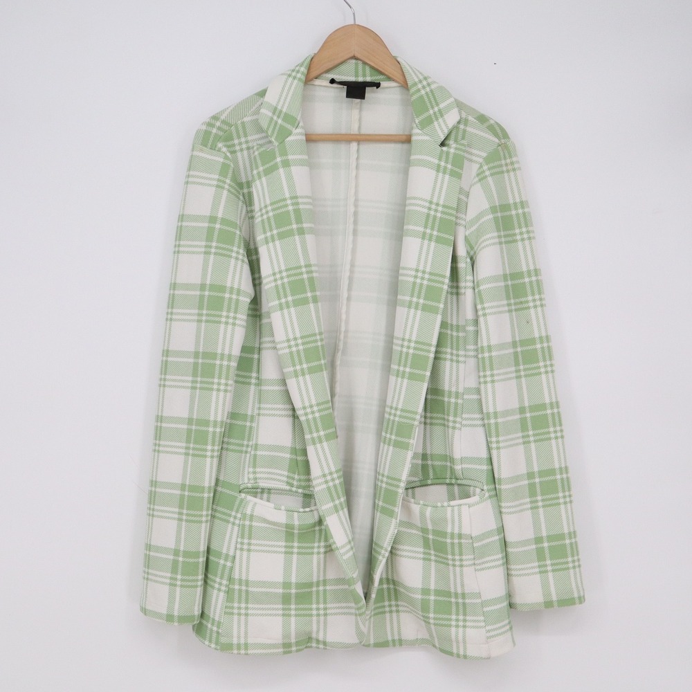 Coco and Shay Womens XL Green White Plaid Open Front Longline Blazer Jacket